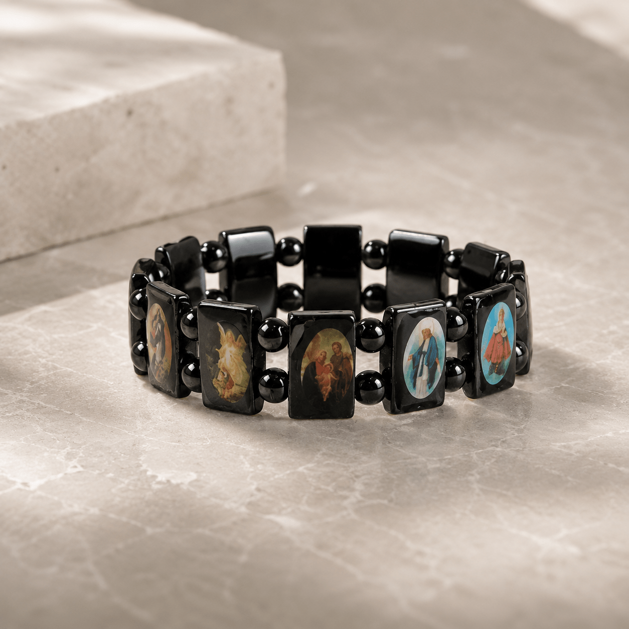 Unisex Natural Hematite Saint Icon Vintage Beaded Bracelet